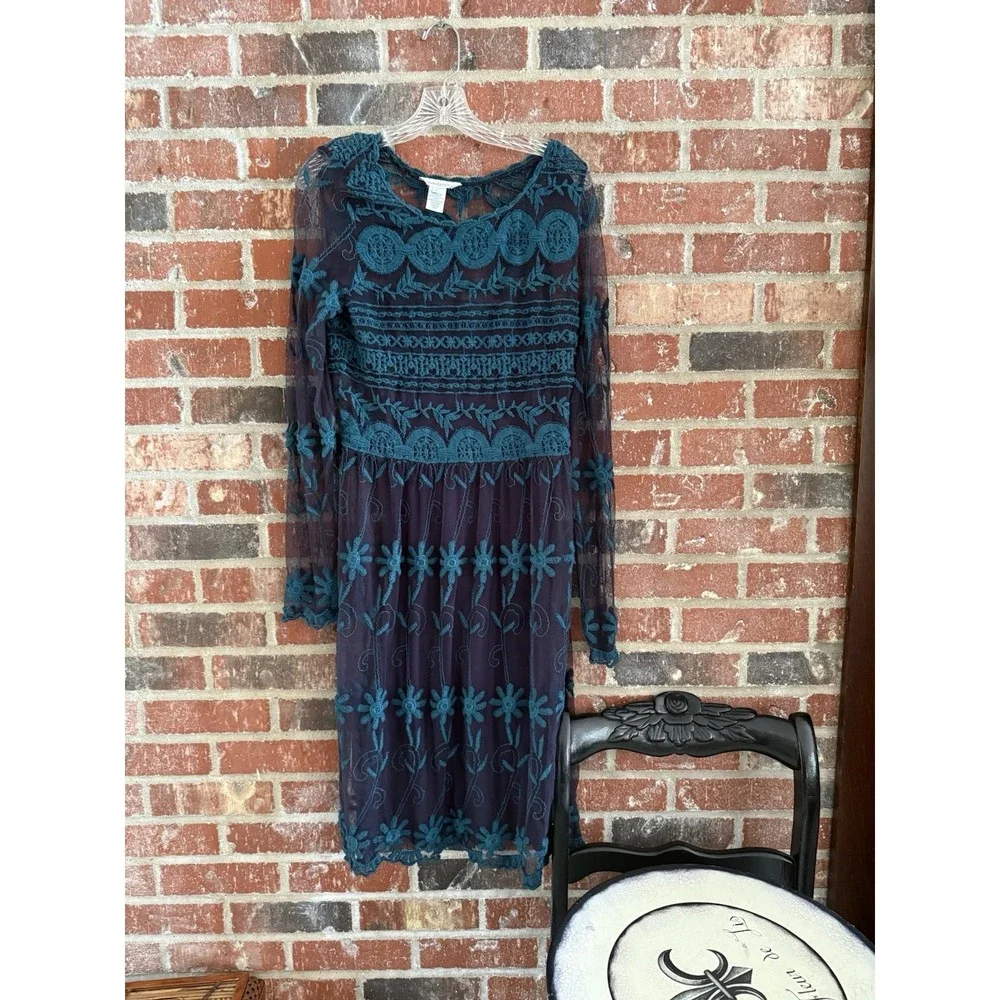 Sundance Midi Dress Small Rhapsody Embroidered Lace Overlay Teal Blue No Liner‎